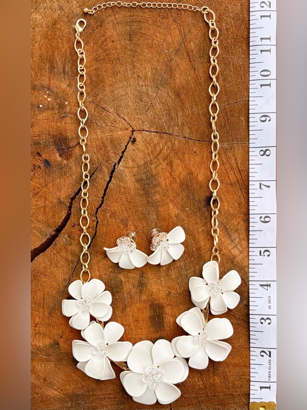 Gold Chain Necklace and Stud Earrings Set with White Floral Accents
